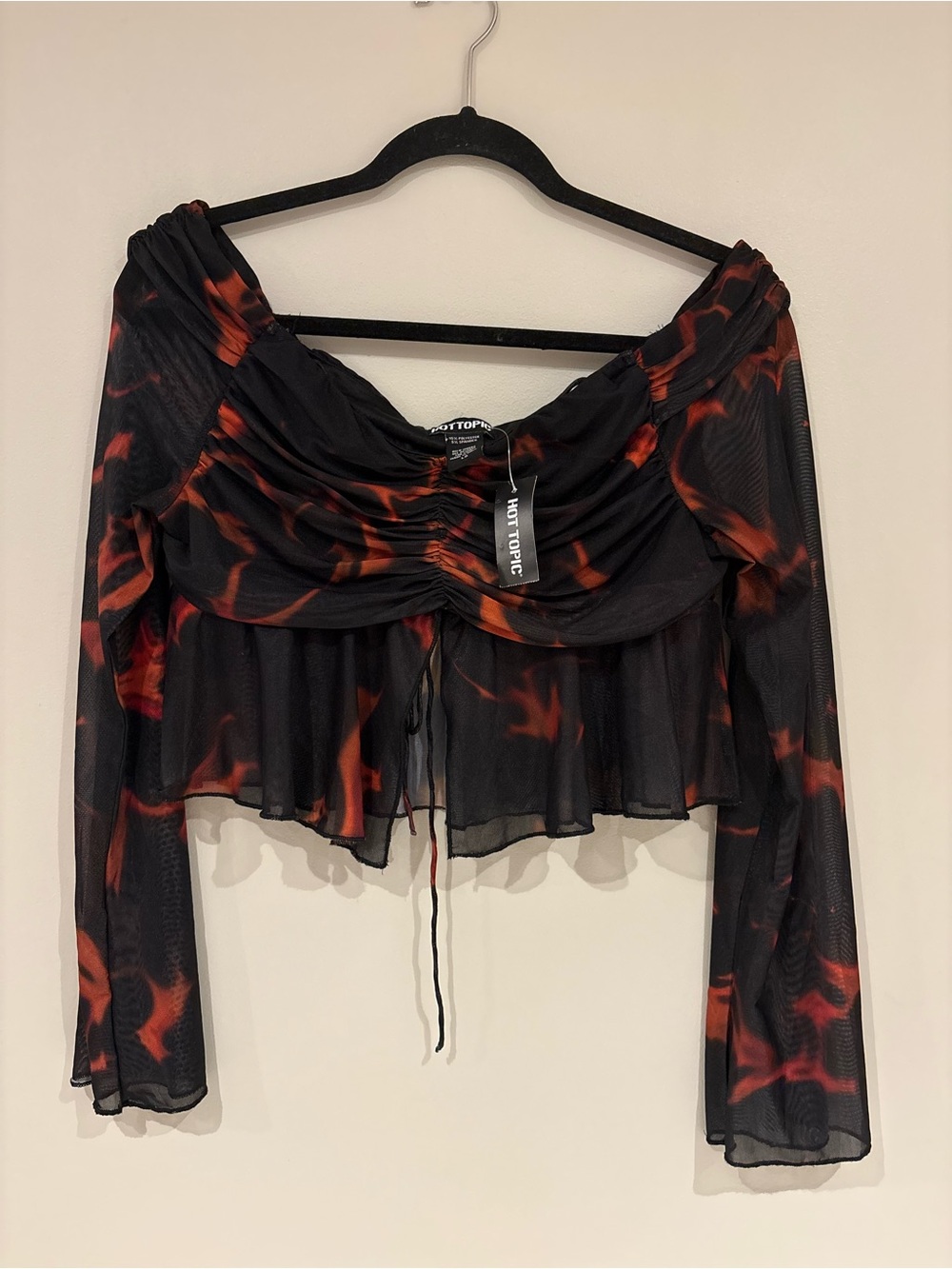 Hot Topic Black & Red Sheer Ruched Long-Sleeve Crop Top